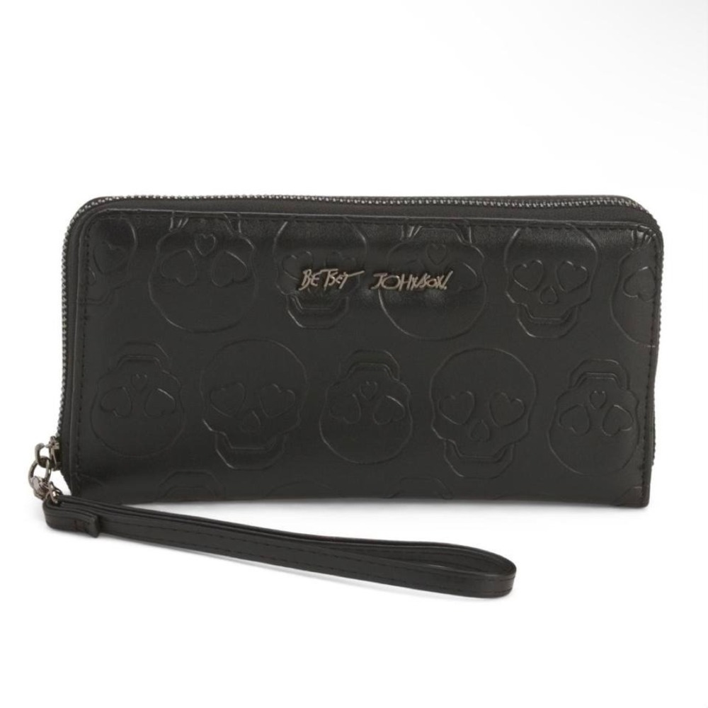 Betsey Johnson Black Skull Embossed Wristlet / Wallet with Wrist Strap Mall Goth